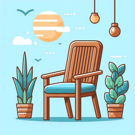 Vector illustration of a wooden chair in the living room with plants.のイラスト素材