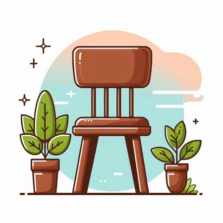 Wooden chair with plant in pot on white background. Vector illustration.のイラスト素材