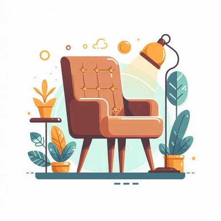 Comfortable armchair with lamp and plant. Vector illustration in flat styleのイラスト素材