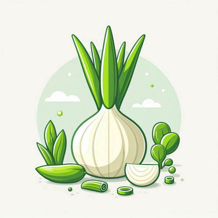 Illustration of a fresh onion with green leaves on a white backgroundのイラスト素材
