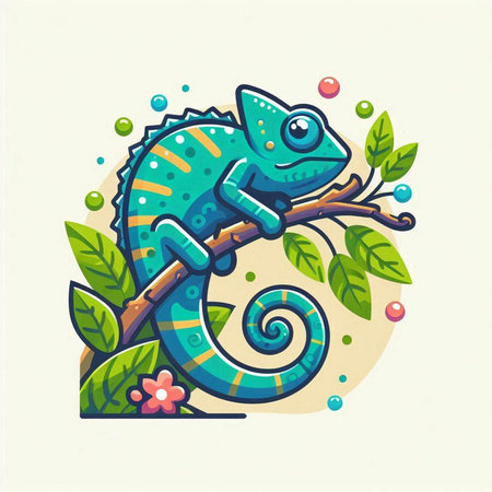 Cute chameleon on a branch with flowers. Vector illustration.のイラスト素材