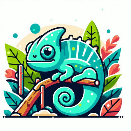 Cute chameleon on the background of leaves. Vector illustration.のイラスト素材