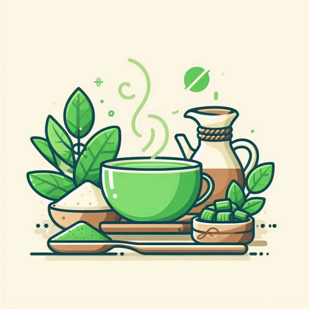 Green tea in a glass teapot and bowl with green tea leaves. Vector illustration.のイラスト素材