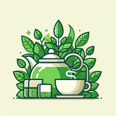 Green tea flat line icon. Vector illustration of teapot, cup and leaves.のイラスト素材