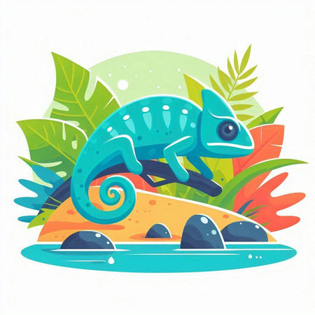 Chameleon on the background of tropical plants. Vector illustration.のイラスト素材