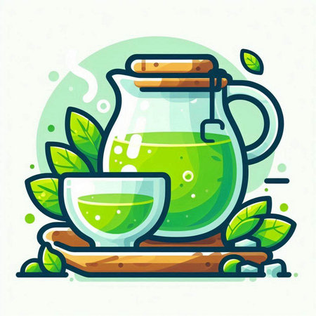 Green tea in a glass teapot. Vector illustration in flat style.のイラスト素材