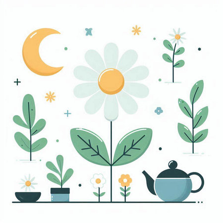 Flower, teapot, tea pot, crescent moon and plants. Flat style vector illustration.のイラスト素材
