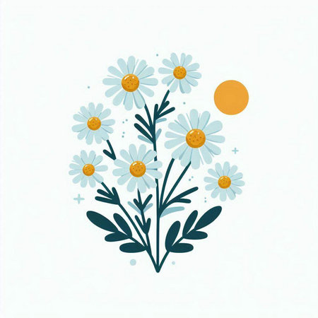 Floral background with daisies and sun. Vector illustration.のイラスト素材
