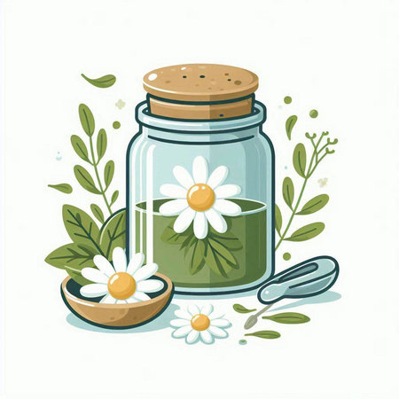 Jar with chamomile flowers and leaves. Vector illustration.のイラスト素材