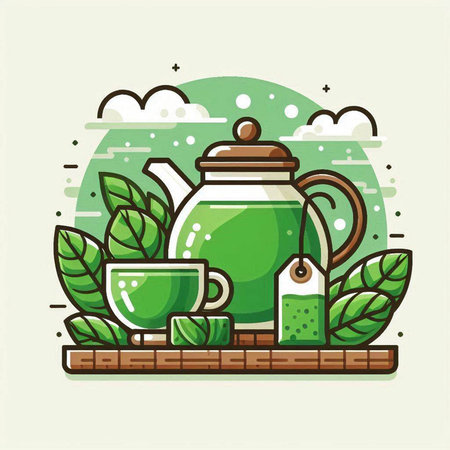 Tea time flat color line icon. Teapot, cup and leaves. Vector illustrationのイラスト素材