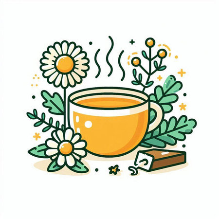 Cup of tea with chamomile flowers and chocolate. Hand drawn vector illustration.のイラスト素材