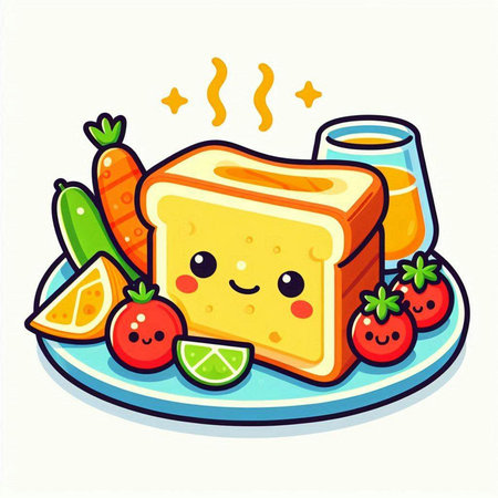 Healthy breakfast with toast, juice and fruits. Vector illustration.のイラスト素材