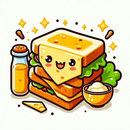 Vector illustration of a cute sandwich with cheese, lettuce, tomato, cucumber and mayonnaiseのイラスト素材