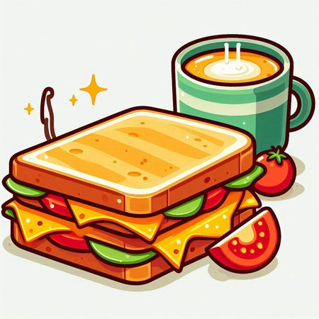 Illustration of a sandwich and a cup of coffee on a white backgroundのイラスト素材