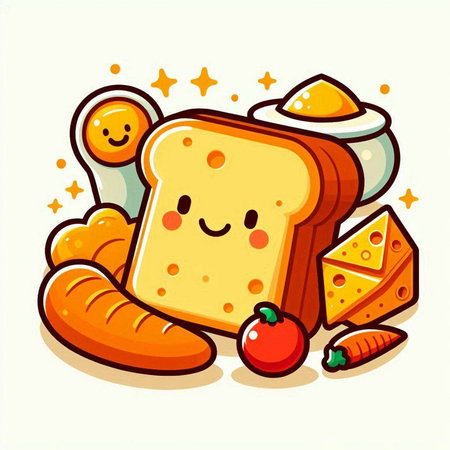 Illustration of a cute cheese sandwich with kawaii characters.のイラスト素材