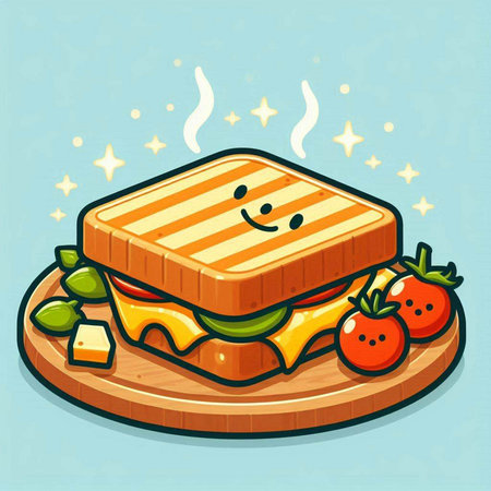 Sandwich with cheese and vegetables on a wooden board. Vector illustration.のイラスト素材