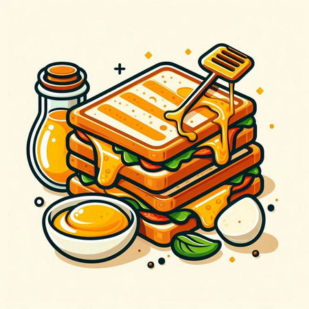 Illustration of a sandwich with eggs and honey. Vector illustration.のイラスト素材