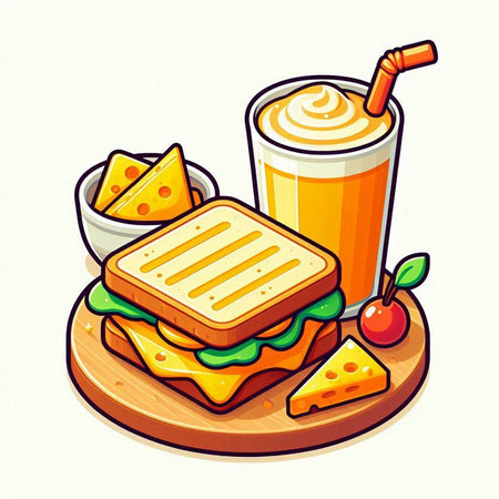 Vector illustration of a sandwich with cheese and a glass of juice.のイラスト素材