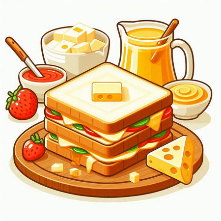 Vector illustration of a sandwich with cheese, strawberries, jam and butterのイラスト素材