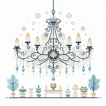 Vector illustration of a chandelier with ornaments and flowersのイラスト素材
