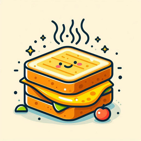Vector illustration of a cute sandwich with cheese, tomato and kawaii characterのイラスト素材