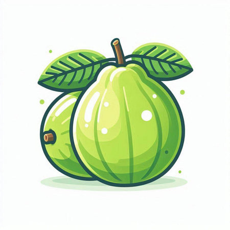 Illustration of a green guava with leaves on a white backgroundのイラスト素材