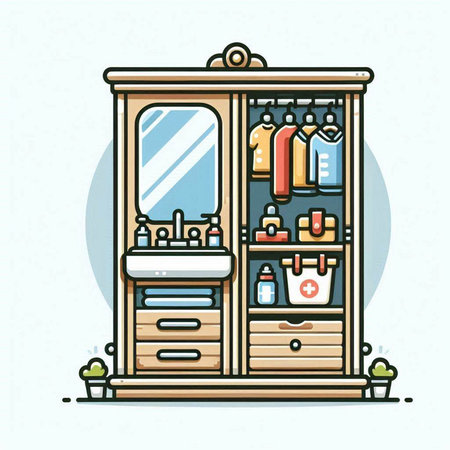 Vector illustration of a wardrobe with clothes and accessories. Flat line style design.のイラスト素材