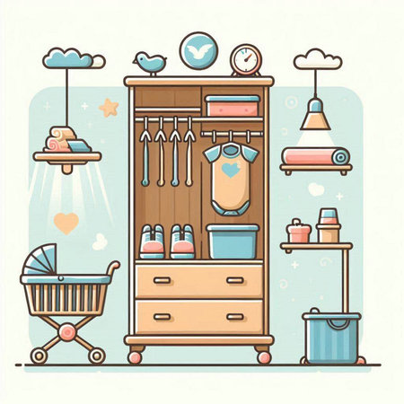 Vector illustration of baby room with furniture and toys in flat style.のイラスト素材
