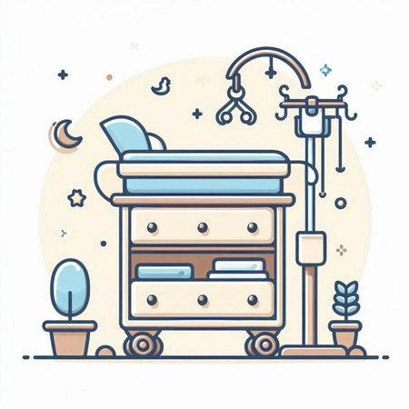 Illustration of a hospital bed, bedside table, bedside table, bedside table.のイラスト素材