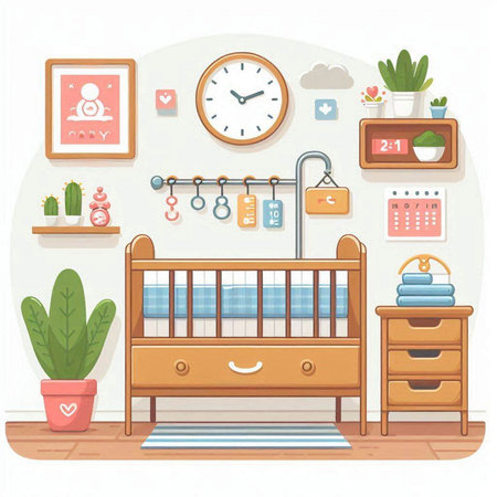 Cute baby room interior with furniture and toys. Vector illustration.のイラスト素材
