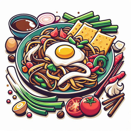 Noodles in a bowl with fried egg and vegetables. Vector illustration.のイラスト素材