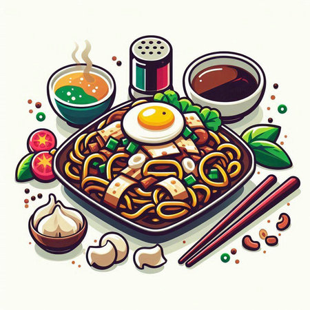 Soba noodles with fried egg, soy sauce and vegetables. Vector illustration.のイラスト素材