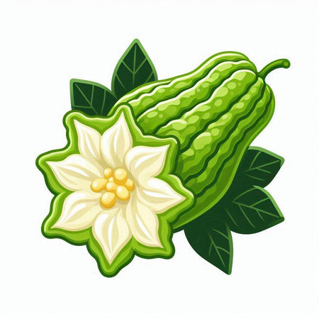 Bitter melon with flower isolated on white background. Vector illustration.のイラスト素材