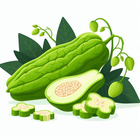 Illustration of fresh green papaya with leaves on white background.のイラスト素材