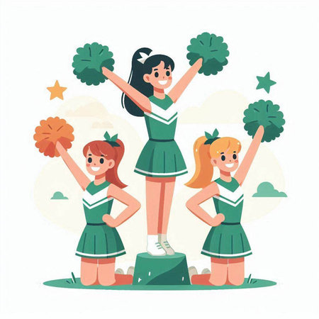 Cheerleaders with pom-poms and clovers. Cheerful girls cheerleading team. Cartoon vector illustrationのイラスト素材