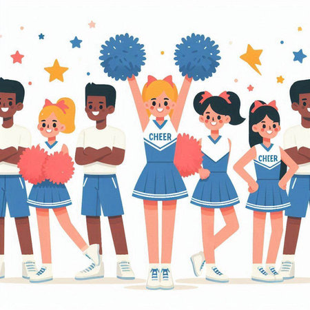 Cheerleaders and cheerleaders. Cheerleaders with pom poms. Cheerful cheerleaders. Vector illustrationのイラスト素材