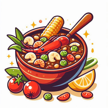 Illustration of a bowl of spicy soup with shrimp, corn and tomatoesのイラスト素材