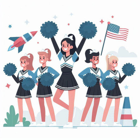 Cheerleaders and rocket. Cheerleaders in uniform. Vector illustrationのイラスト素材