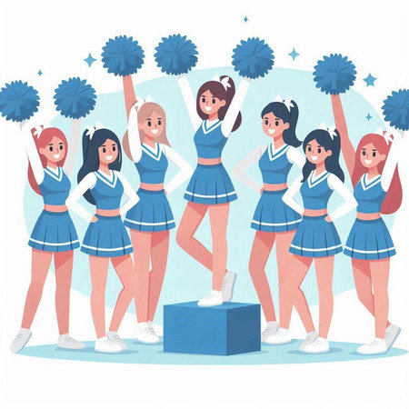 Cheerleaders with pompoms. Cheerleaders on podium. Cheerful cheerleaders. Cheerleaders.のイラスト素材