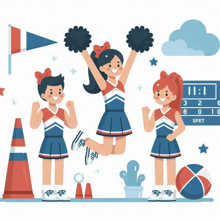Cheerleaders with pompoms. Cheerful cheerleading team. Vector illustration.のイラスト素材