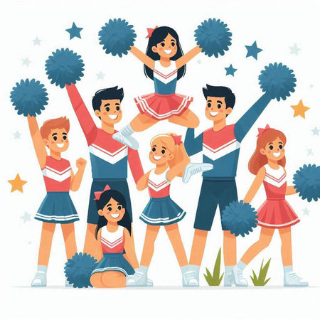 Cheerleaders and cheerleaders team. Cheerful cheerleaders with pompoms and pom-poms isolated on white background. Vector illustration in cartoon style.のイラスト素材