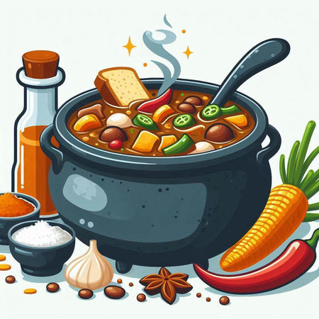 Illustration of a pot of soup with ingredients on a white backgroundのイラスト素材