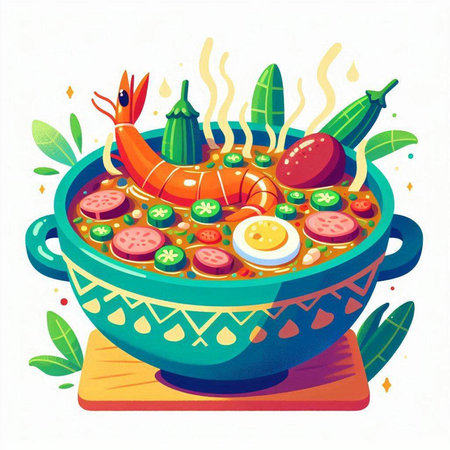Cartoon vector illustration of a bowl of spicy soup with shrimps and vegetablesのイラスト素材