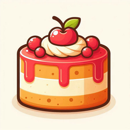 Illustration of a cake with cherries on a white background.のイラスト素材