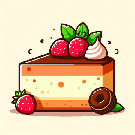 Illustration of a slice of cake with strawberries and chocolate candiesのイラスト素材