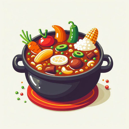 Illustration of a bowl of hot spicy soup with vegetables and meatのイラスト素材