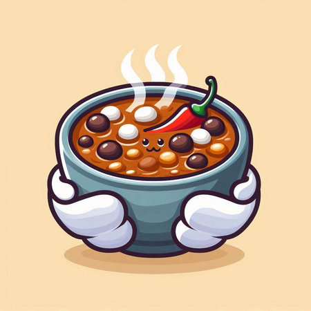 Chili soup cartoon character design. Hot chili soup in bowl vector illustrationのイラスト素材