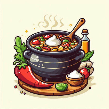 Illustration of a bowl of spicy soup with ingredients on a wooden boardのイラスト素材