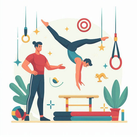 Athletic man and woman doing gymnastic exercises. Gymnastics at home. Vector illustration in flat styleのイラスト素材