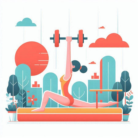 Fitness girl doing exercises in the park. Vector illustration in flat styleのイラスト素材